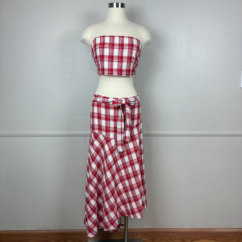 Free People NWOT After You 2pc Set Maxi Skirt Cropped Top Size L Red White Plaid